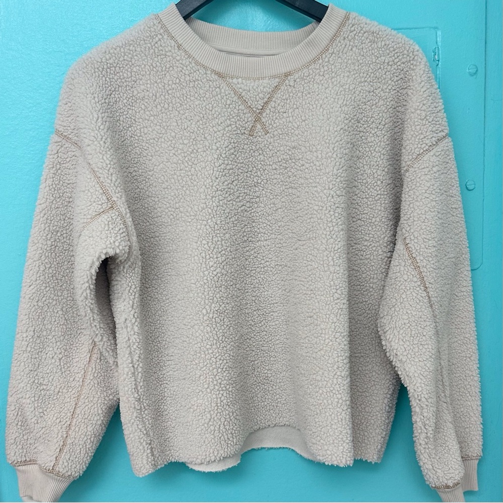 American Eagle Outfitters Cream Sherpa Fleece Crewneck Sweater - Small